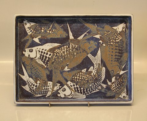 Aluminia kunstfajance 807-3445 Blå bakke med fiskestimer 23 x 31 cm Nils 
Thorsson 1966, Baca
