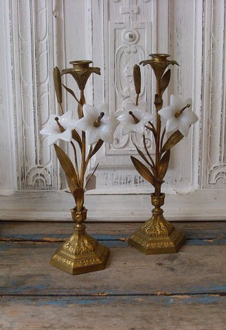 Antique French church candlestick decorated with white opal glass lilies