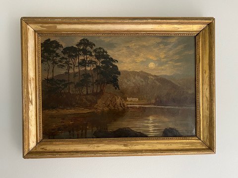 Mondschein- / Mondgemälde von Edward Henry Holder, vermutlich von Friars Crag, 
Derwentwater, UK, Vollmondöl der 1880er Jahre, Öl auf Leinwand