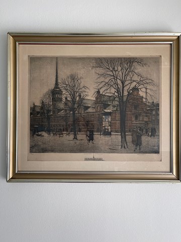 Lithograph in wooden frame in silver and gold from the Stock Exchange in 
Copenhagen in 1929 by Nicolaj Hammer, number 99/125 and signed
