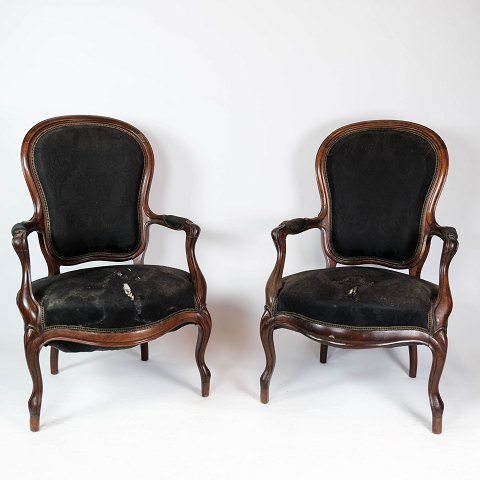 Et sæt Ny Rokoko armstole af mahogni og med original polstring fra 1860erne.
5000m2 udstilling.