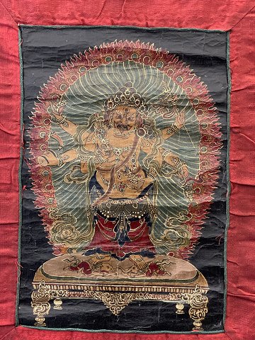 Asian, Buddhist Thangka painting, mounted in hand-sewn cloth of cotton and silk, 
20th century