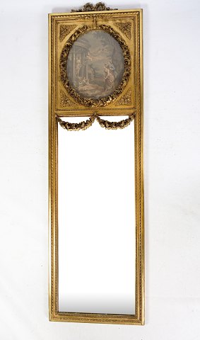 Louis Seize mirror with gilding / gold leaf with motif in the top from the year 
1790s.
Dimensions in cm: H: 165 W: 50
Great condition
