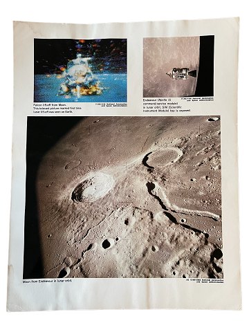 Originalt NASA farveoffsetfotografi fra Apollo 15 månelandingen i juli-august 
1971. For første gang ses take-off fra månen