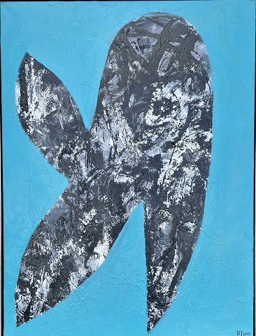 "Pelikan kolibri" akryl maleri på lærred i sølv svæveramme.