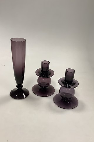 Wedgewood Art Glass Modern Vase and Pair of Candlesticks in Purple