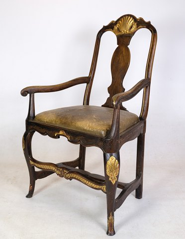 Baroque Armchair - Dark Wood - Gold Leaf - Brown Patinated Leather - 1780
Great condition
