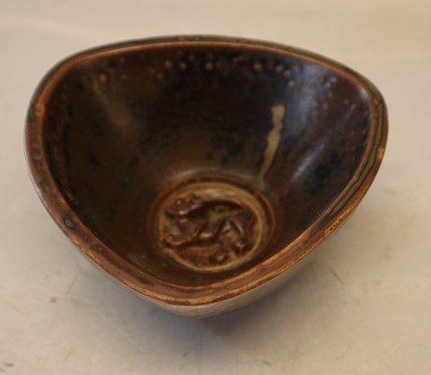 2782 RC Triangular bowl  6.5 x 13 cm  Signed Jais  Sung Glaze
 Royal Copenhagen Art Pottery
