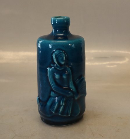 RC Turquis glaze flask 14 cm with relief of harvesting people Signed Jais Royal 
Copenhagen Art Pottery
