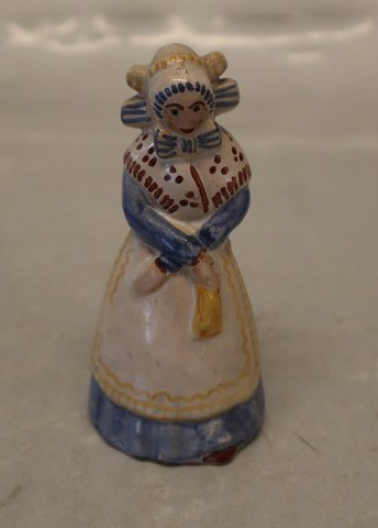 L. Hjorth miniature Stående kvinde med gul og blå national dragt ca 10 cm