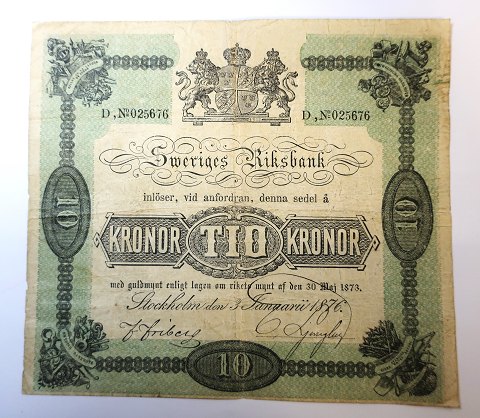 Schweden. 10-Kronen-Schein von 1876. In der Mitte befindet sich ein kleines Loch