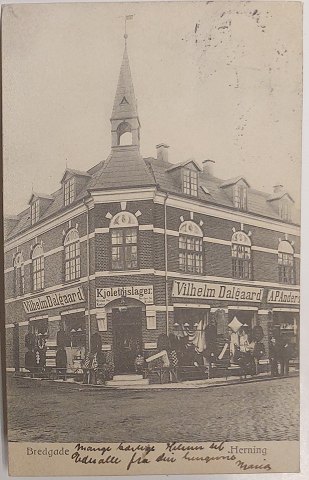 Postkort: Butiksfacade I Bredgade,.Herning i 1907