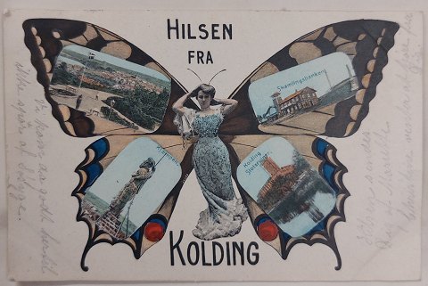 Farvelagt postkort: Hilsen fra Kolding i 1905