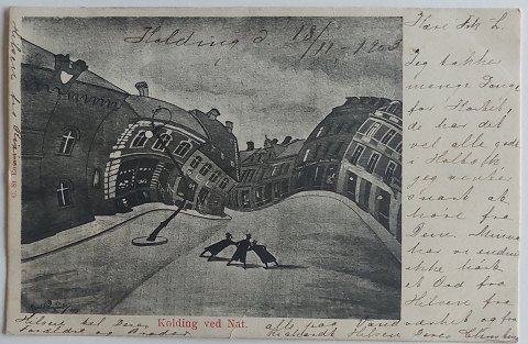 Postkort: Kolding ved Nat i 1908 af Carl Røgind