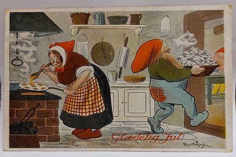 Julekort: Nisser laver æbleskiver af.Carl.Røgind 1914