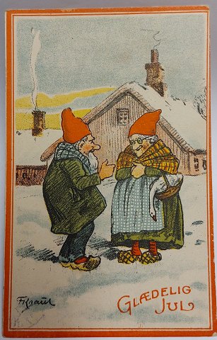 Julekort: Nisser småsludrer udenfor i 1917