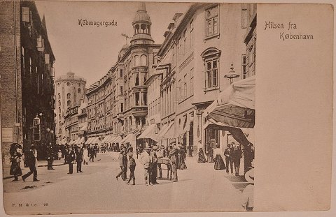 Ubrugt postkort: "Hilsen fra København" Liv I Købmagergade ca. 1905