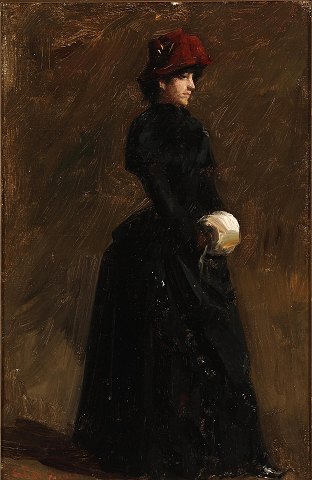 "Elegant kvinde med rød hat, Roma 1880" Flot oliemaleri i god stand i forgyldt 
ramme.