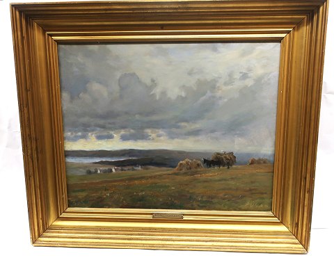 Michael Therkildsen. (1850-1925) Oil painting with land workers (1902). Measures 
with frame 55*65 cm. Measures without frame 39*49 cm.