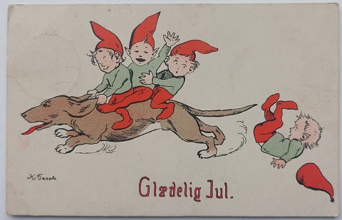 Postkort: Nissebørn rider på hund 1910