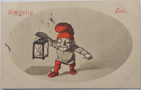 Postkort: Nissefar med lanterne Julemærke 1913