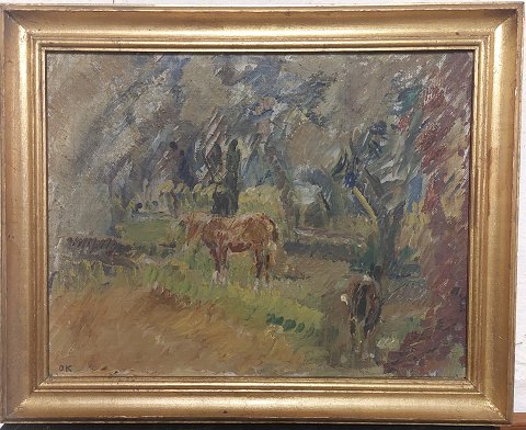 Maleri: Heste ved en bondegård af Ole Kielberg