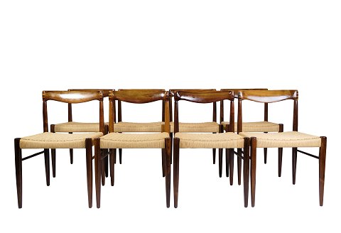 Set Of 8 Dining Chairs - Rosewood - Seat In Plank Wicker - Taped Collections - 
Henry W. Klein - Bramin - 1960
Great condition
