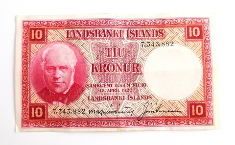 Island. 10 kr pengeseddel fra 1948