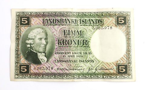 Island. 5 kr pengeseddel fra 1948