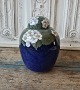 Royal Copenhagen Art Nouveau vase decorated with strawberry flowers, strawberry 
leaves on a blue background Painted by Else Hasselriis no. 2361/1242