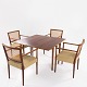 Danish cabinetmaker
Game table set with table and four matching armchairs in mahogany and new seat 
in textile (RØMØ, colour 67-111/104).
1 set in stock
Good, used condition
