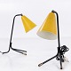 Svend Aage Holm-Sørensen
Pair of tablelamps in black- and yellow lacquered metal with shoes in brass. 
1950