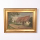 Maleri på lærred med motiv af bondehus malet af Kaj Drews (1884-1964)