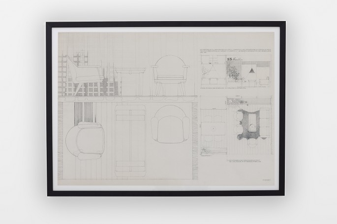 John Vedel-Rieper
Original blyantstegning af stue. "Skitseforslag til arrangement af 
udstillingsstand med sofagruppe sammensat af dele fra konkurrenceforslag. Mærket 
