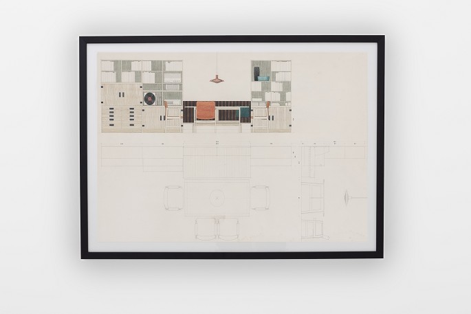 John Vedel-Rieper
Original watercolours of sofa set consisting of bookcase system, Poul 
Henningsen pendant, armchairs and table. Provenance: John Vedel-Rieper