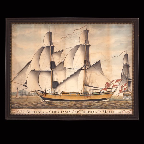 Schiffsaquarell "Neptunus fra Christiania Capt Chresten P Moller 1795". 
Lichtmasse: 47x64cm. Mit Rahmen: 53x70cm