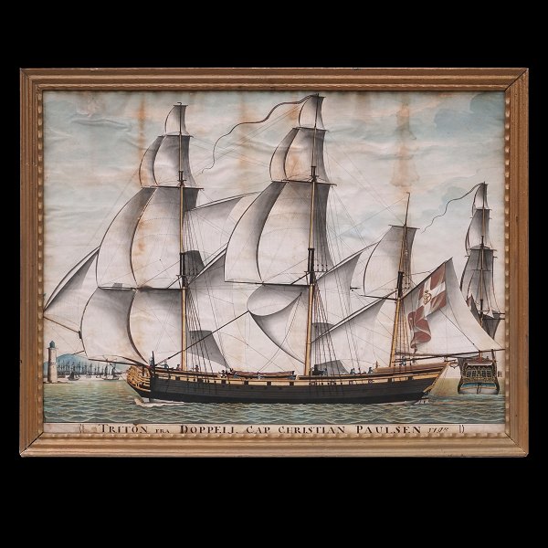 Triton af Dybbøl portrætteret af Giuseppe Fedi ud for indsejlingen til Livorno, 
Italien. Dateret 1795. Lysmål: 47x63cm. Med ramme: 53x69cm