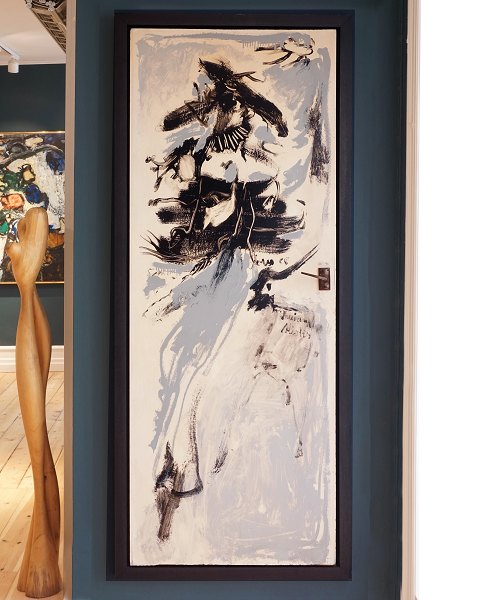 Asger Jorn, 1914-73, komposition malt på venneparret Alistair & Julia Lawsons 
badeværelsesdør i deres hjem i England med dedikation til venneparret. Signeret 
Jorn 1965. Lysmål: 197x75cm. Med karm: 210x88cm