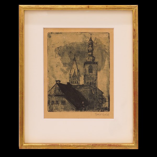 Emil Nolde etching and pencil. Towers of Petri and Patrocil in Soest, Germany. 
Signed Emil Nolde. 1906. Visible size: 22x17cm. With frame: 34x28cm