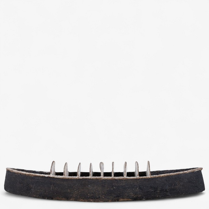 Gunhild Aaberg / Own workshop.
Boat-shaped sculpture in stoneware with brown-black and gray-white glaze. 
Unique.
1 pc. in stock
