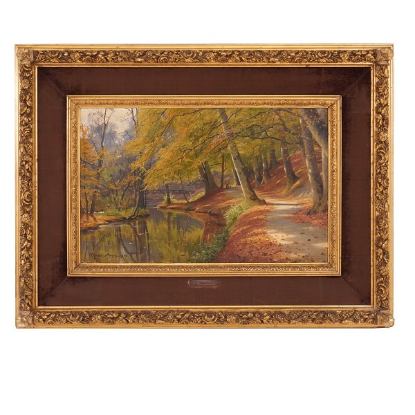 Peder Mønsted maleri. Peder Mønsted, 1859-1941, olie på lærred. Parti med åløb 
ved Sorgenfri. Signeret og dateret "P. Mønsted Sorgenfri 1890". Lysmål: 40x64cm. 
Med ramme: 70x94cm