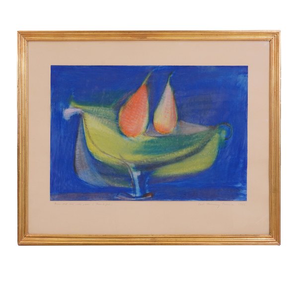 Carl-Henning Pedersen tegning. Carl-Henning Pedersen, 1913-2007, tegning. "Grøn skål med røde pærer". Signeret og dateret 1955. Lysmål: 35x52cm. Med ramme: 55x69cm
