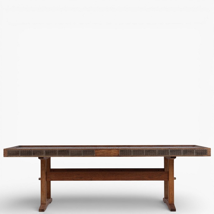 Jens Harald Quistgaard / Nissen LangåCoffee table in patinated oak decorated with brown tiles. Stamped by manufacturer.1 pc. in stock