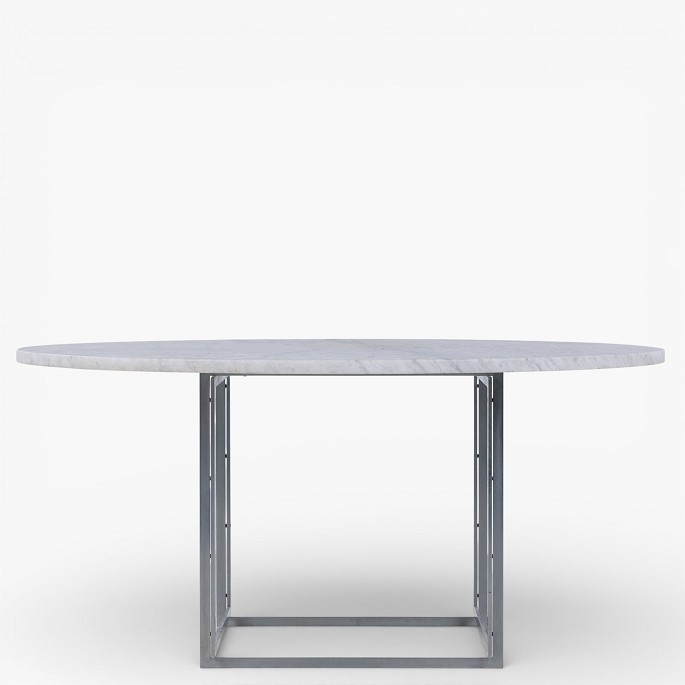 Poul Kjærholm / E. Kold Christensen.PK 54 - Round dining table with light flint-rolled marble top on a frame of matt chrome-plated steel. Designed in 1963.1 pc. in stock