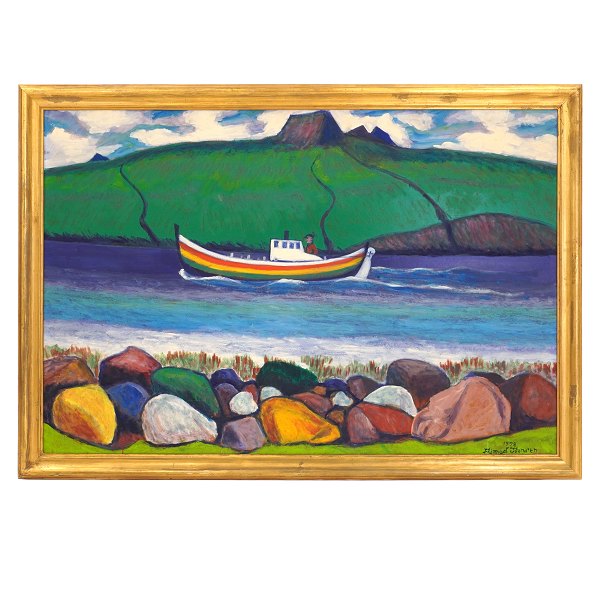 Frimod Joensen, 1915-97, oil on plate. Landscape Faroe Islands. Signed and dated 1978. Visible size: 80x119cm. With frame: 92x131cm